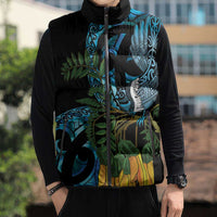 Turquoise New Zealand Kowhai And Piwakawaka Sleeveless Puffer Jacket Maori Ngaru Paua Shell - Polynesian Pride