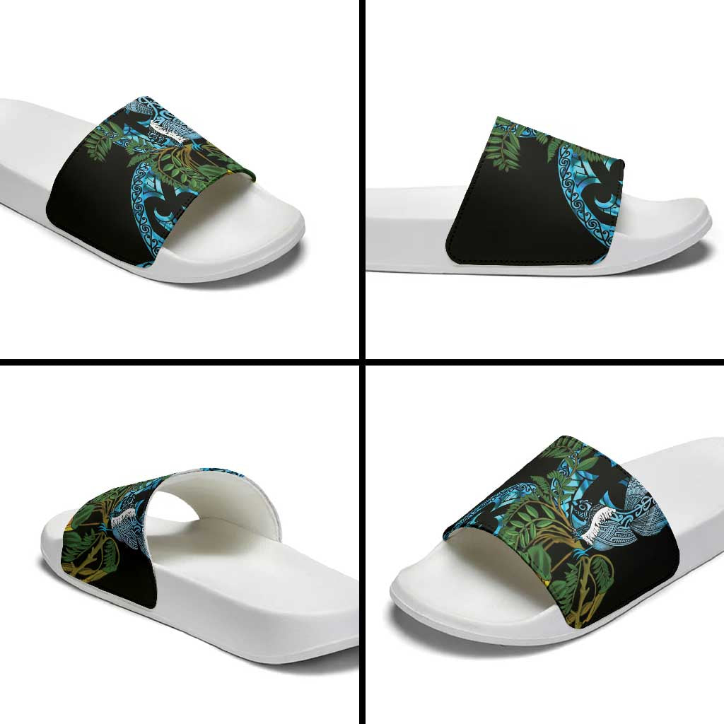 Turquoise New Zealand Kowhai And Piwakawaka Slide Sandals Maori Ngaru Paua Shell - Polynesian Pride