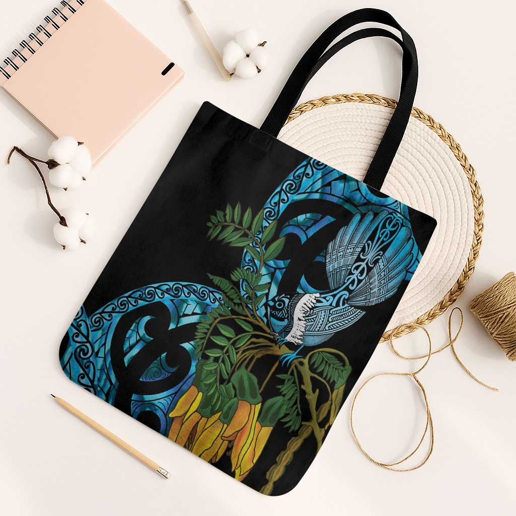 Turquoise New Zealand Kowhai And Piwakawaka Tote Bag Maori Ngaru Paua Shell - Polynesian Pride
