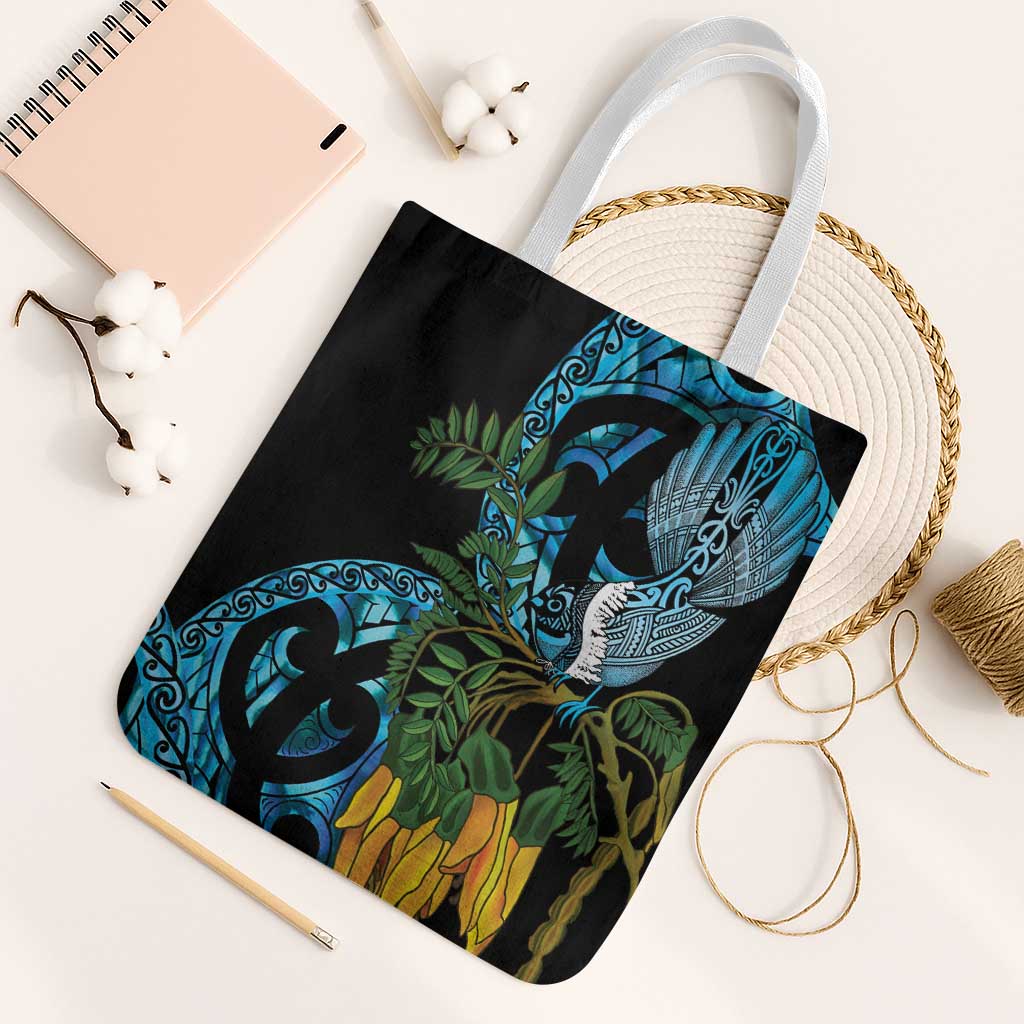 Turquoise New Zealand Kowhai And Piwakawaka Tote Bag Maori Ngaru Paua Shell - Polynesian Pride