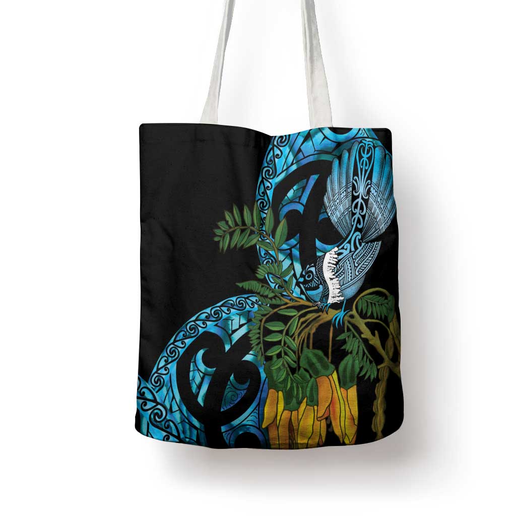 Turquoise New Zealand Kowhai And Piwakawaka Tote Bag Maori Ngaru Paua Shell - Polynesian Pride