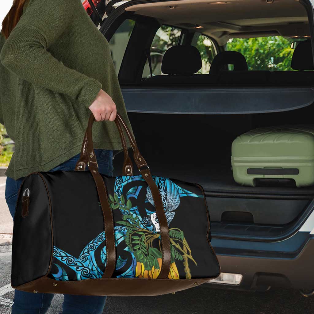 Turquoise New Zealand Kowhai And Piwakawaka Travel Bag Maori Ngaru Paua Shell - Polynesian Pride