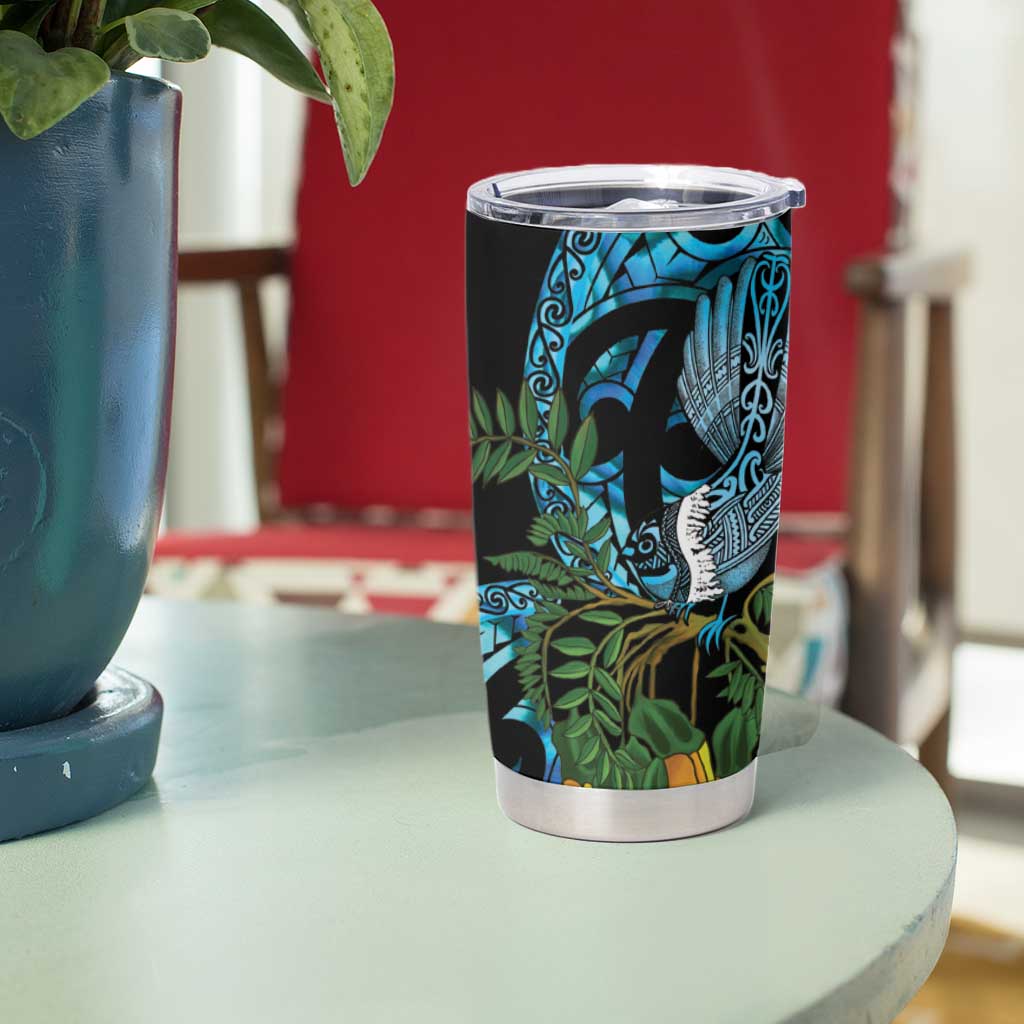 Turquoise New Zealand Kowhai And Piwakawaka Tumbler Cup Maori Ngaru Paua Shell