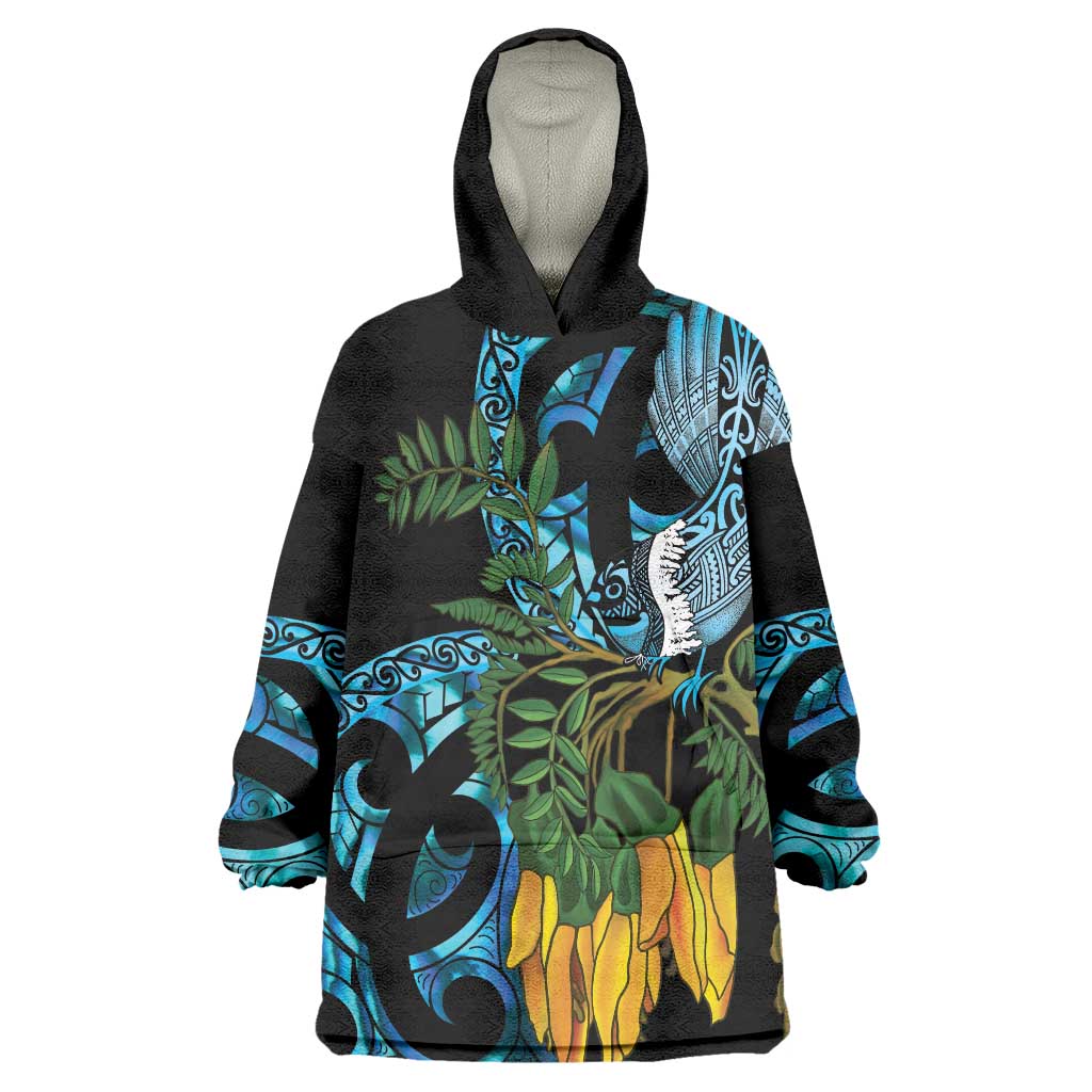 Turquoise New Zealand Kowhai And Piwakawaka Wearable Blanket Hoodie Maori Ngaru Paua Shell LT14 One Size Turquoise - Polynesian Pride
