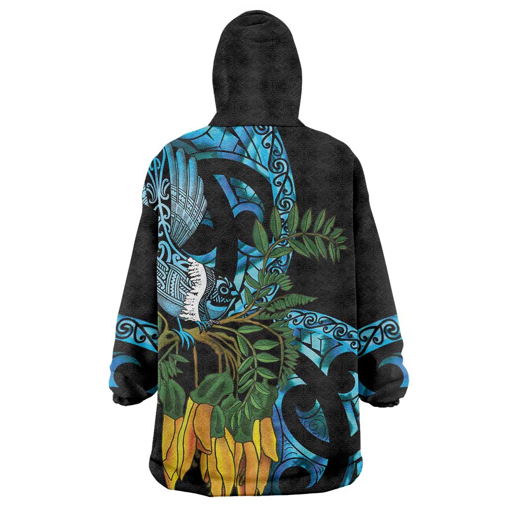 Turquoise New Zealand Kowhai And Piwakawaka Wearable Blanket Hoodie Maori Ngaru Paua Shell