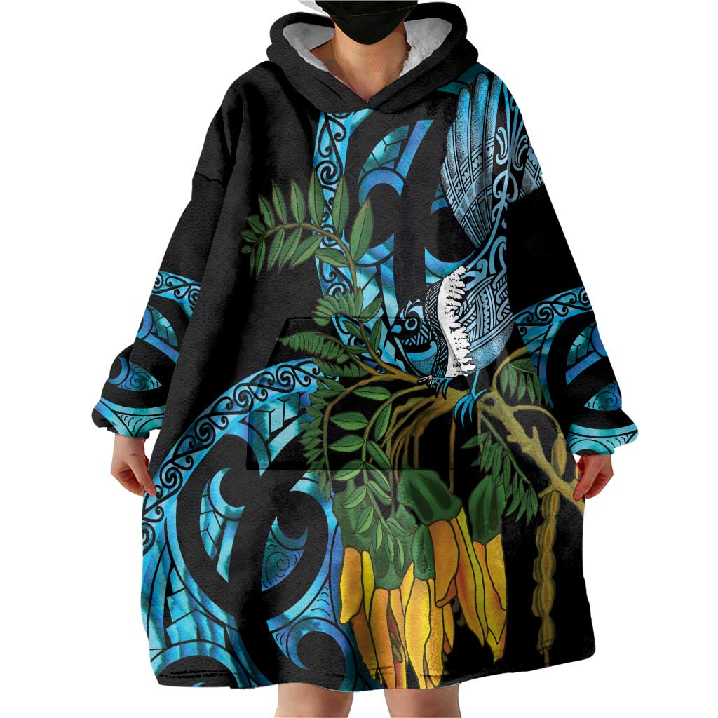Turquoise New Zealand Kowhai And Piwakawaka Wearable Blanket Hoodie Maori Ngaru Paua Shell