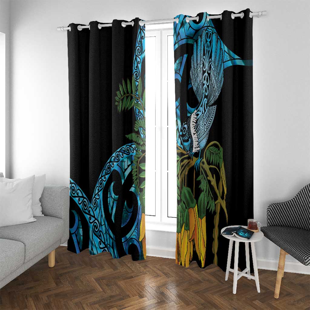 Turquoise New Zealand Kowhai And Piwakawaka Window Curtain Maori Ngaru Paua Shell