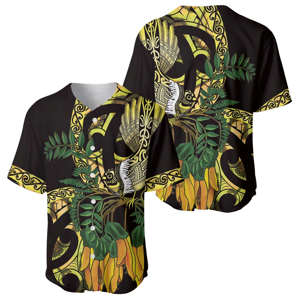 Yellow New Zealand Kowhai And Piwakawaka Baseball Jersey Maori Ngaru Paua Shell
