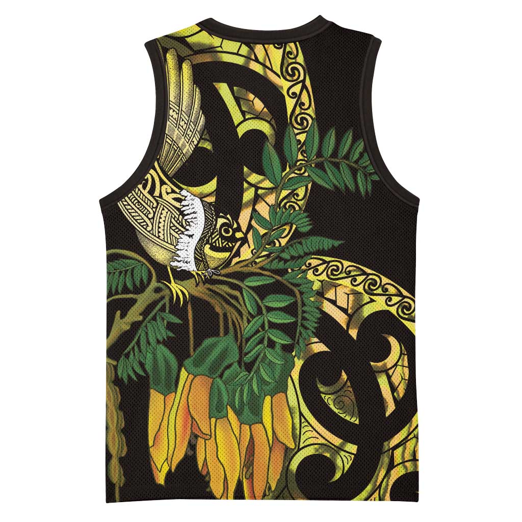 Yellow New Zealand Kowhai And Piwakawaka Basketball Jersey Maori Ngaru Paua Shell - Polynesian Pride