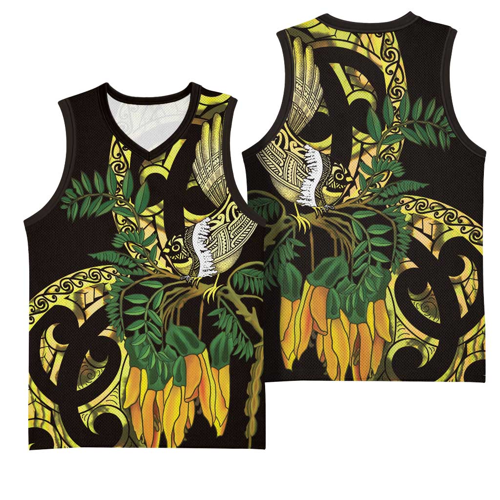 Yellow New Zealand Kowhai And Piwakawaka Basketball Jersey Maori Ngaru Paua Shell - Polynesian Pride