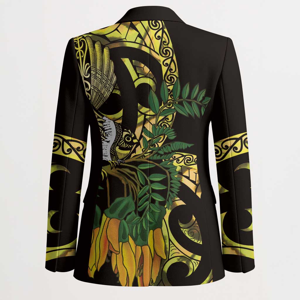 Yellow New Zealand Kowhai And Piwakawaka Blazer Maori Ngaru Paua Shell - Polynesian Pride