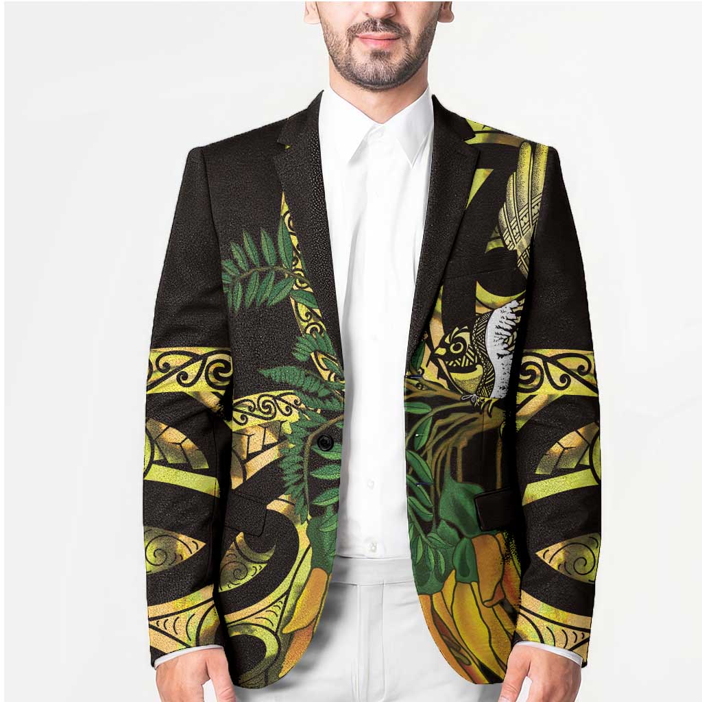 Yellow New Zealand Kowhai And Piwakawaka Blazer Maori Ngaru Paua Shell - Polynesian Pride