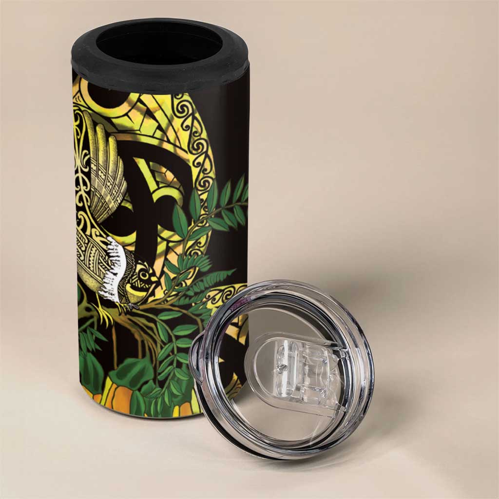 Yellow New Zealand Kowhai And Piwakawaka 4 in 1 Can Cooler Tumbler Maori Ngaru Paua Shell