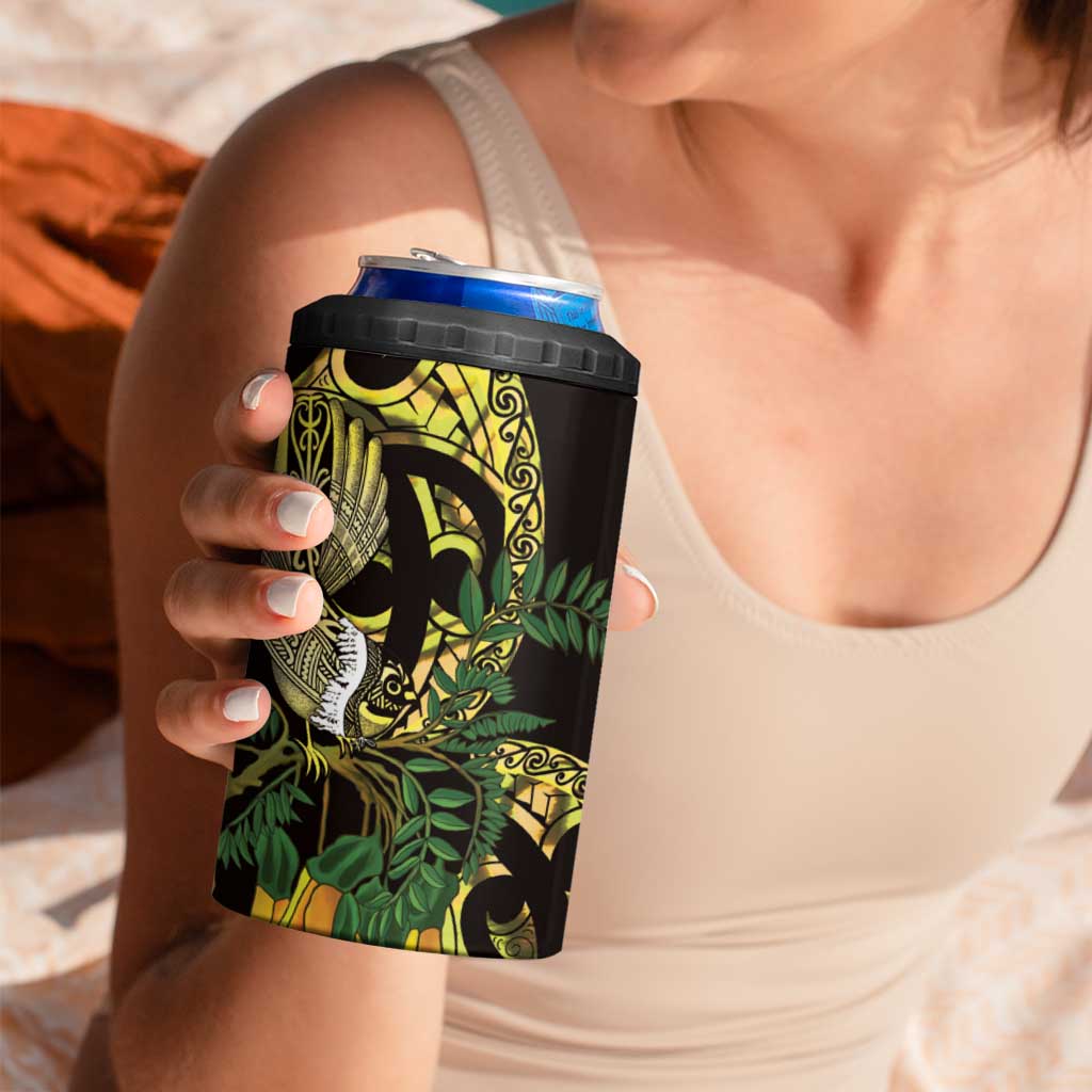 Yellow New Zealand Kowhai And Piwakawaka 4 in 1 Can Cooler Tumbler Maori Ngaru Paua Shell