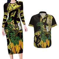 Yellow New Zealand Kowhai And Piwakawaka Couples Matching Long Sleeve Bodycon Dress and Hawaiian Shirt Maori Ngaru Paua Shell