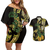 Yellow New Zealand Kowhai And Piwakawaka Couples Matching Off Shoulder Short Dress and Hawaiian Shirt Maori Ngaru Paua Shell