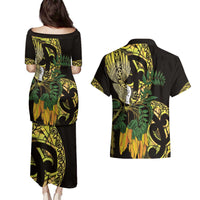 Yellow New Zealand Kowhai And Piwakawaka Couples Matching Puletasi and Hawaiian Shirt Maori Ngaru Paua Shell
