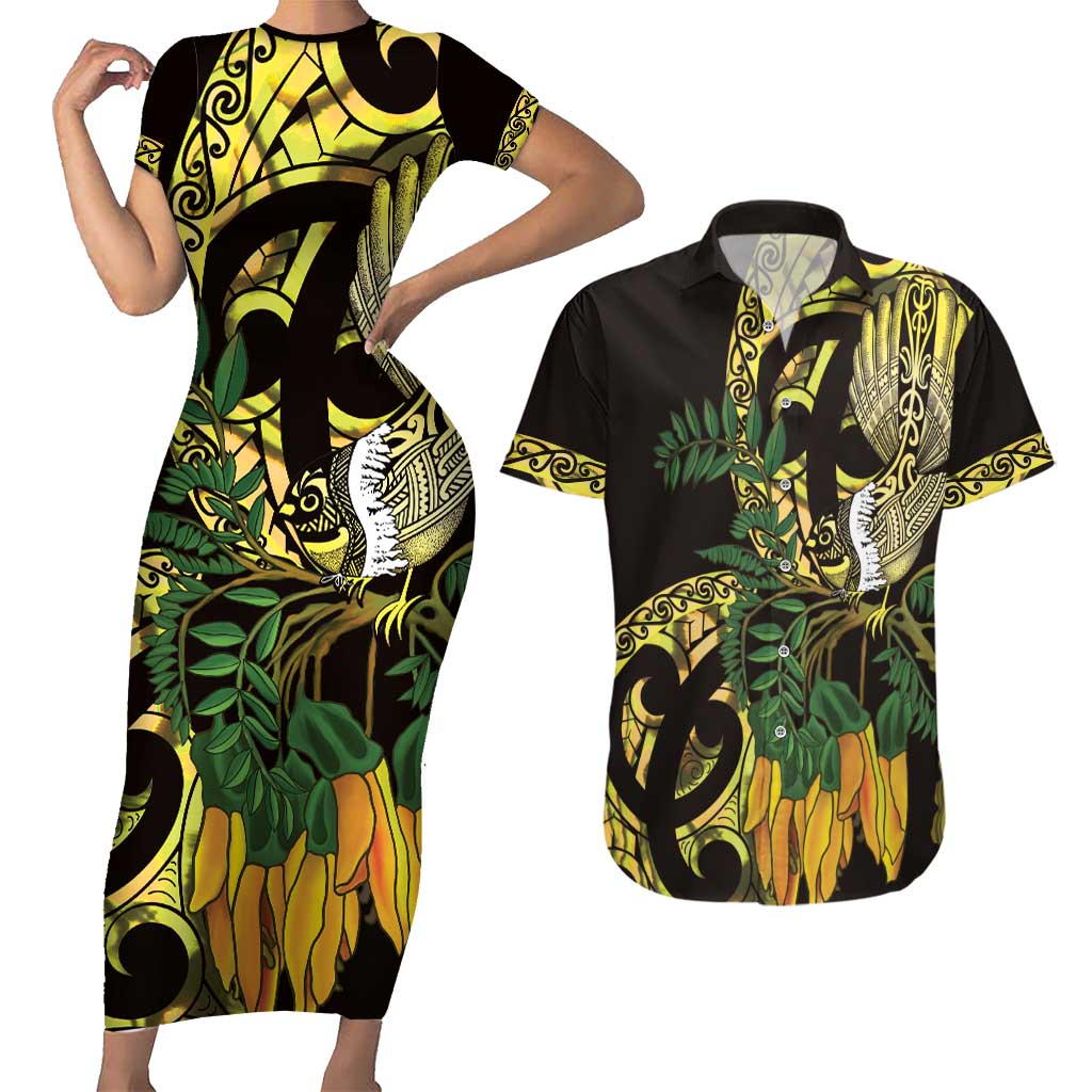 Yellow New Zealand Kowhai And Piwakawaka Couples Matching Short Sleeve Bodycon Dress and Hawaiian Shirt Maori Ngaru Paua Shell