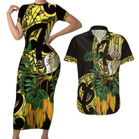 Yellow New Zealand Kowhai And Piwakawaka Couples Matching Short Sleeve Bodycon Dress and Hawaiian Shirt Maori Ngaru Paua Shell