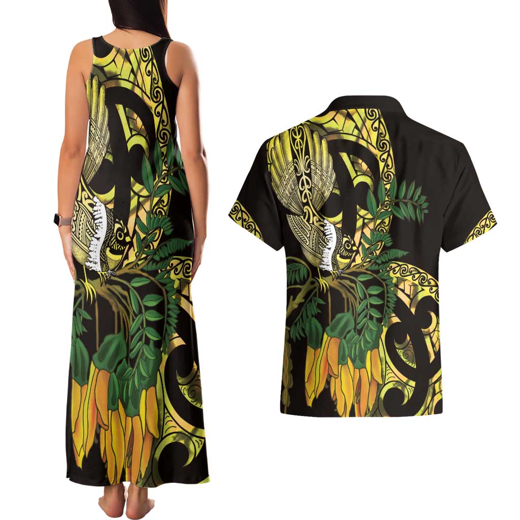 Yellow New Zealand Kowhai And Piwakawaka Couples Matching Tank Maxi Dress and Hawaiian Shirt Maori Ngaru Paua Shell