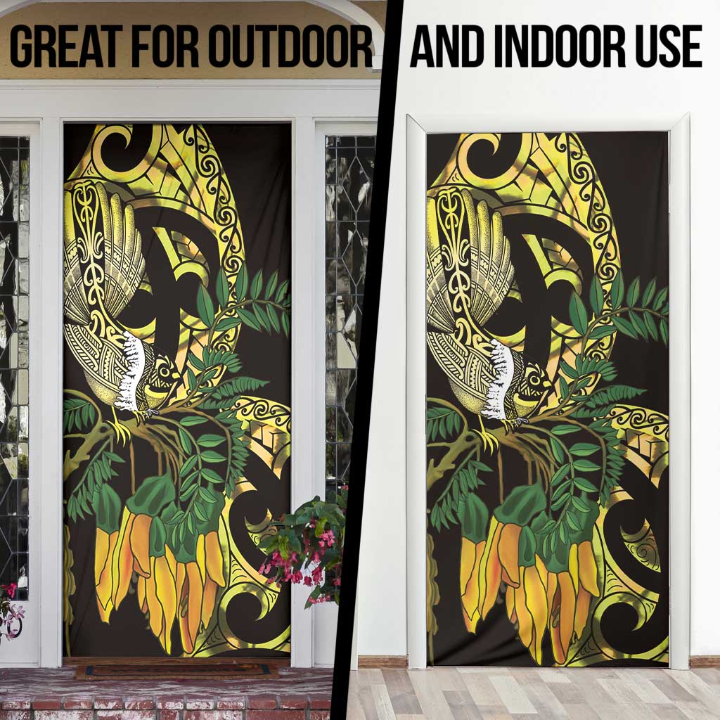 Yellow New Zealand Kowhai And Piwakawaka Door Cover Maori Ngaru Paua Shell - Polynesian Pride