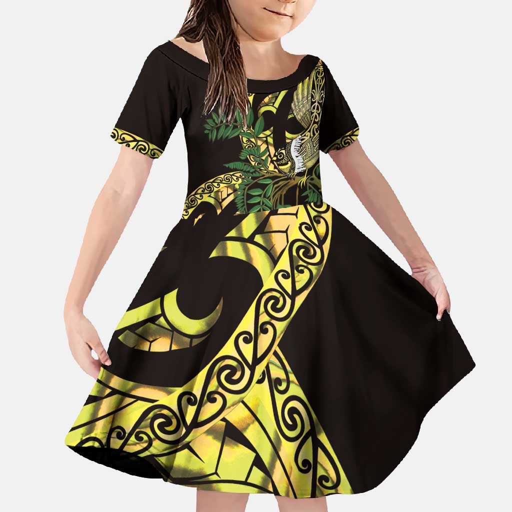 Yellow New Zealand Kowhai And Piwakawaka Family Matching Long Sleeve Bodycon Dress and Hawaiian Shirt Maori Ngaru Paua Shell LT14 Daughter's Dress Yellow - Polynesian Pride