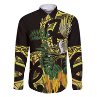 Yellow New Zealand Kowhai And Piwakawaka Family Matching Mermaid Dress and Hawaiian Shirt Maori Ngaru Paua Shell LT14 Dad's Shirt - Long Sleeve Yellow - Polynesian Pride