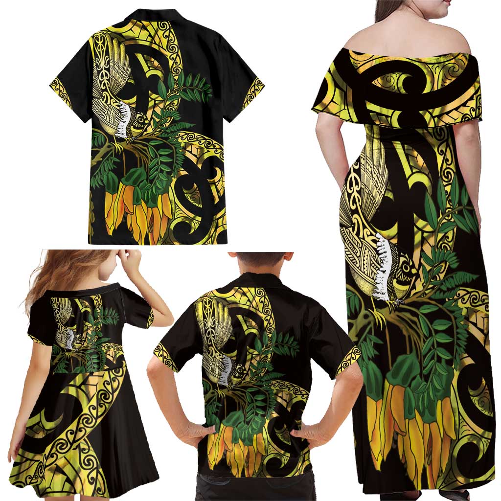 Yellow New Zealand Kowhai And Piwakawaka Family Matching Off Shoulder Maxi Dress and Hawaiian Shirt Maori Ngaru Paua Shell