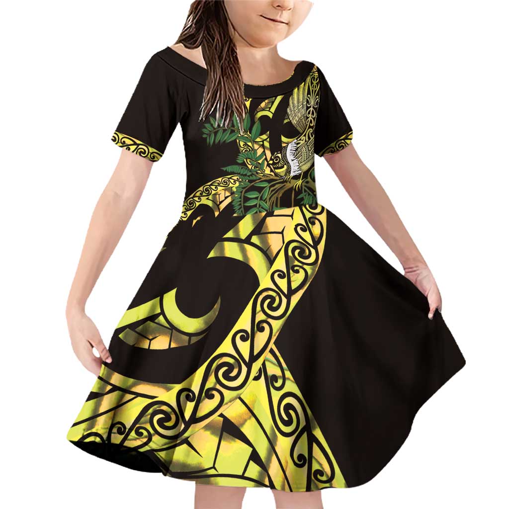 Yellow New Zealand Kowhai And Piwakawaka Family Matching Off Shoulder Short Dress and Hawaiian Shirt Maori Ngaru Paua Shell