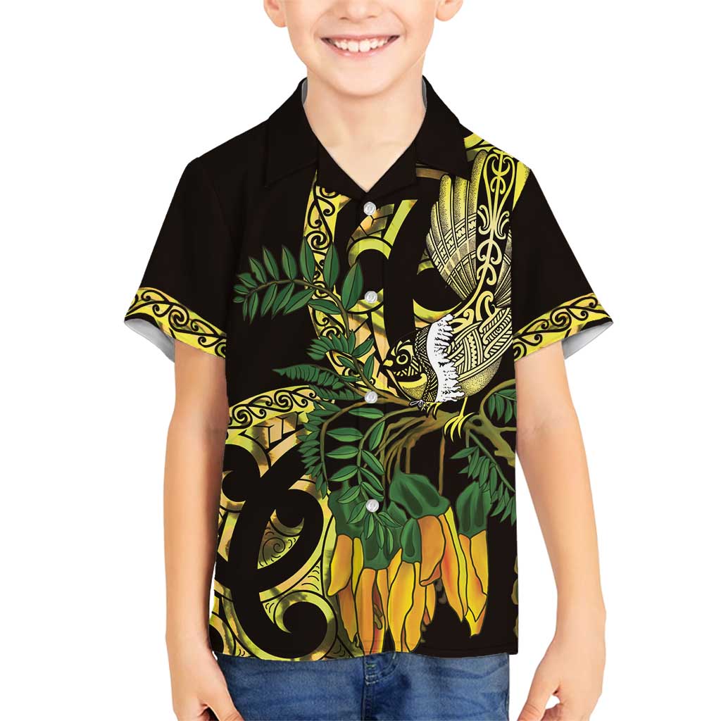 Yellow New Zealand Kowhai And Piwakawaka Family Matching Off Shoulder Short Dress and Hawaiian Shirt Maori Ngaru Paua Shell