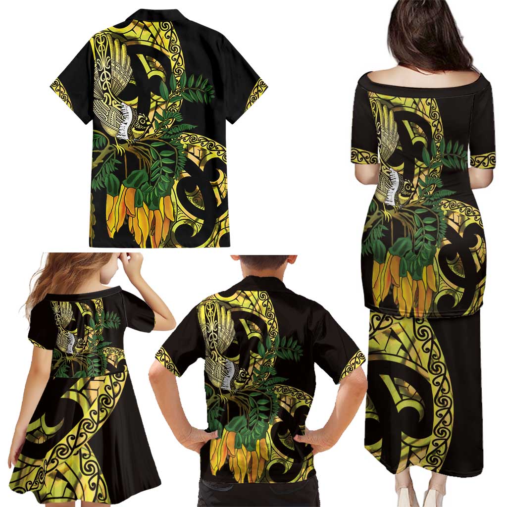 Yellow New Zealand Kowhai And Piwakawaka Family Matching Puletasi and Hawaiian Shirt Maori Ngaru Paua Shell