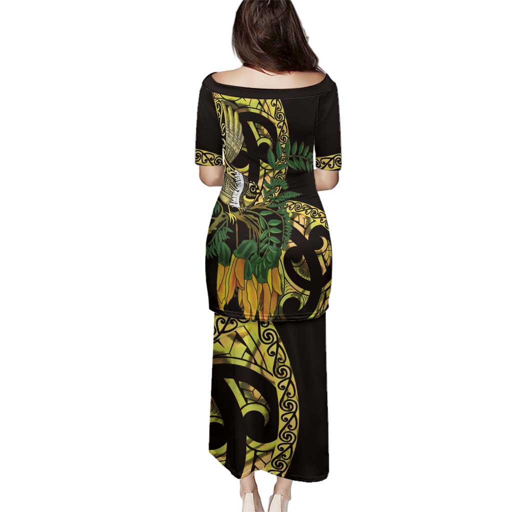 Yellow New Zealand Kowhai And Piwakawaka Family Matching Puletasi and Hawaiian Shirt Maori Ngaru Paua Shell