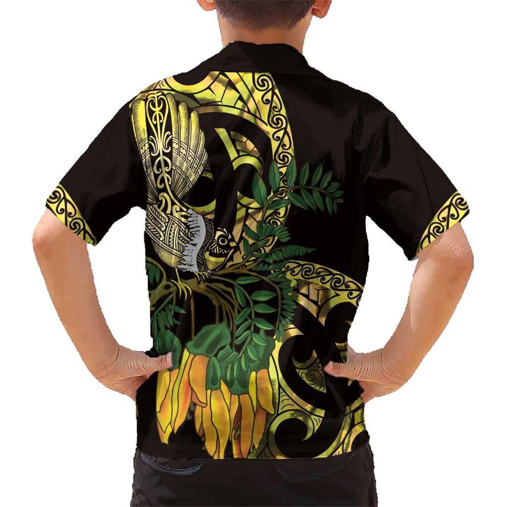 Yellow New Zealand Kowhai And Piwakawaka Family Matching Short Sleeve Bodycon Dress and Hawaiian Shirt Maori Ngaru Paua Shell LT14 - Polynesian Pride