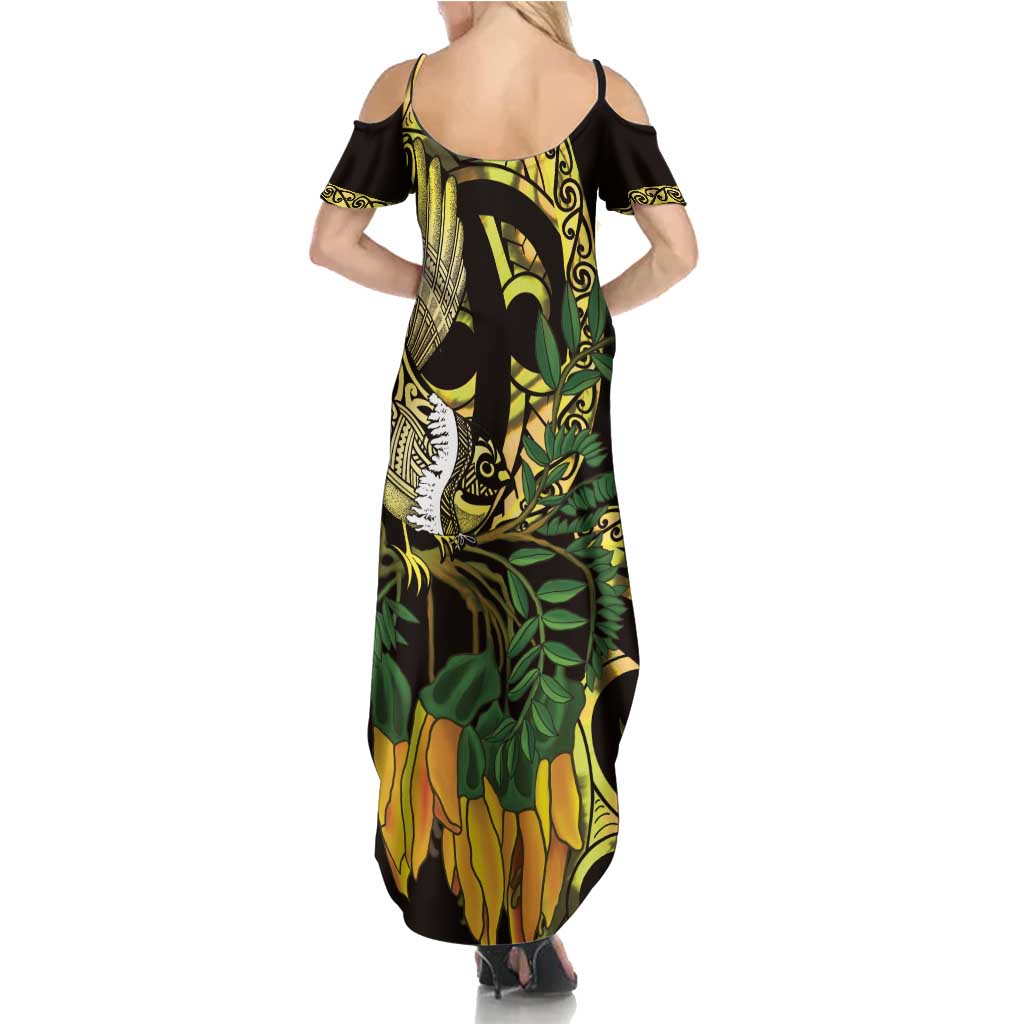 Yellow New Zealand Kowhai And Piwakawaka Family Matching Summer Maxi Dress and Hawaiian Shirt Maori Ngaru Paua Shell