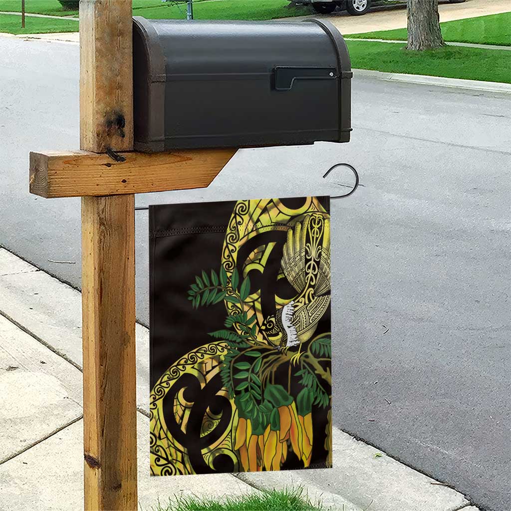 Yellow New Zealand Kowhai And Piwakawaka Garden Flag Maori Ngaru Paua Shell