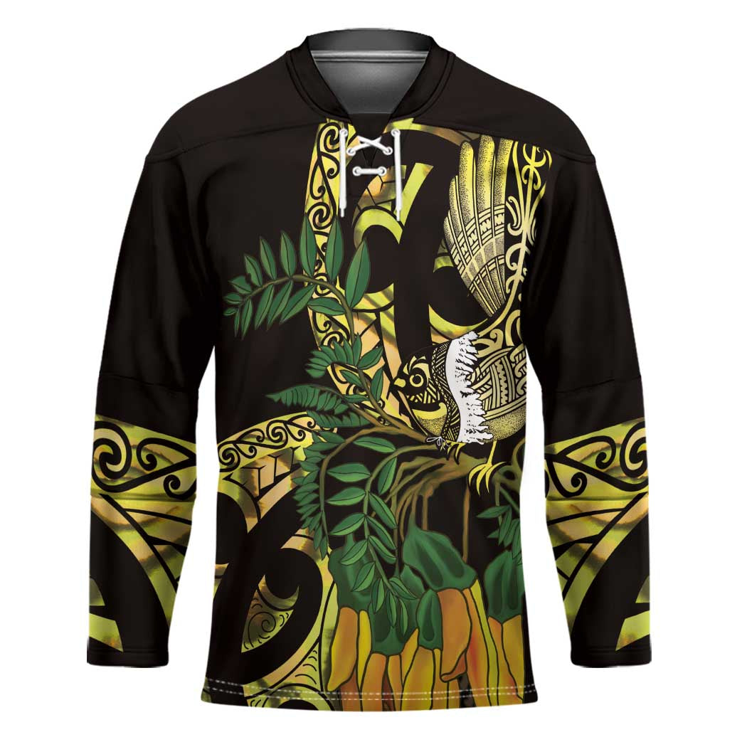 Yellow New Zealand Kowhai And Piwakawaka Hockey Jersey Maori Ngaru Paua Shell - Polynesian Pride