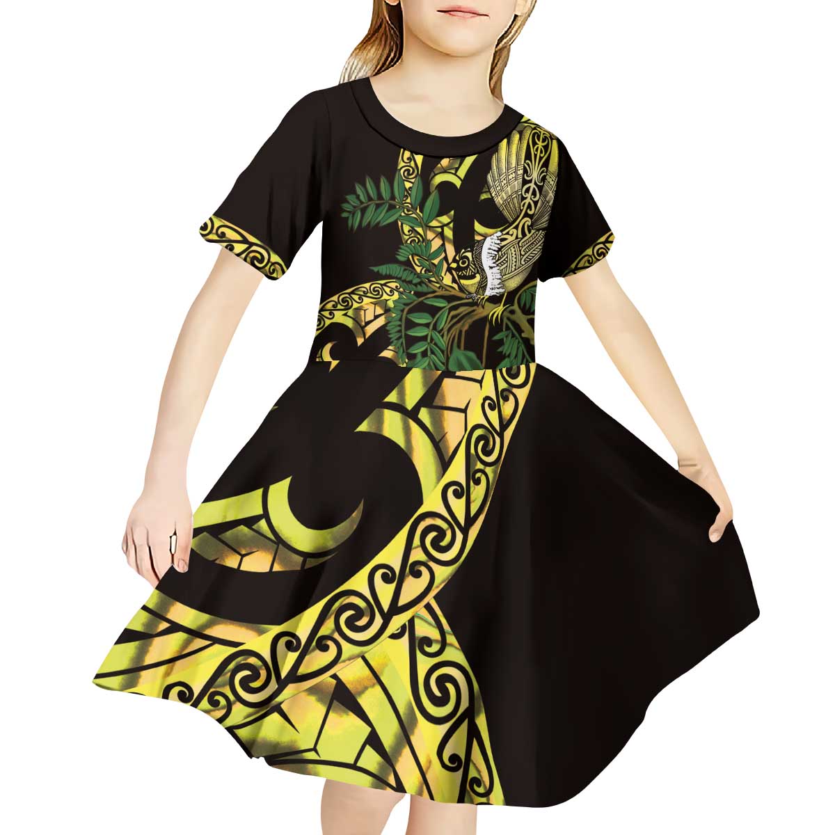Yellow New Zealand Kowhai And Piwakawaka Kid Short Sleeve Dress Maori Ngaru Paua Shell