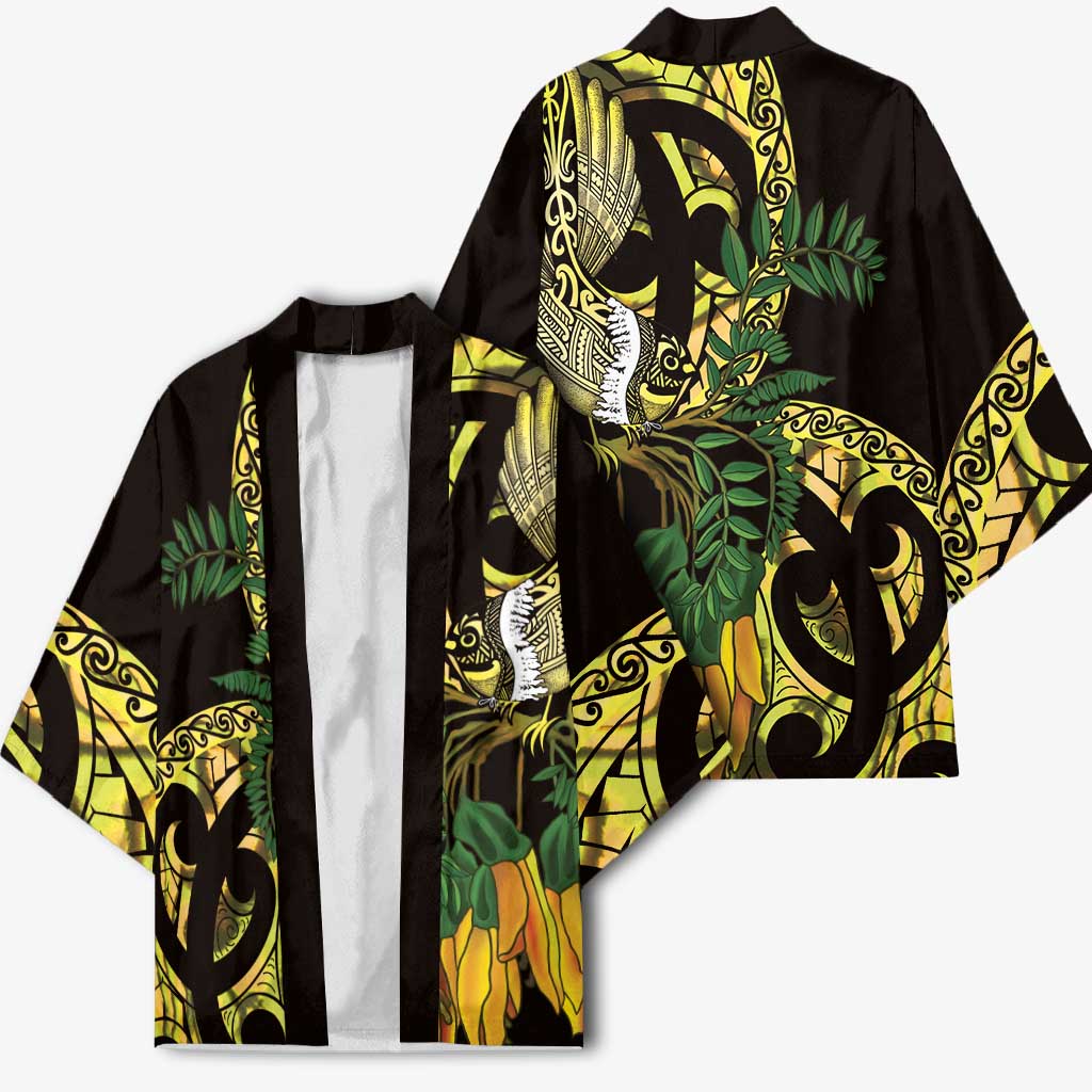 Yellow New Zealand Kowhai And Piwakawaka Kimono Maori Ngaru Paua Shell - Polynesian Pride
