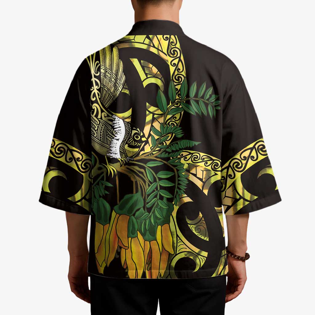 Yellow New Zealand Kowhai And Piwakawaka Kimono Maori Ngaru Paua Shell - Polynesian Pride