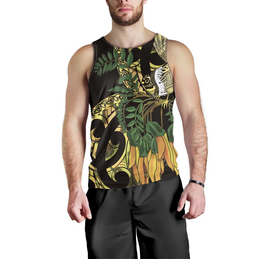 Yellow New Zealand Kowhai And Piwakawaka Men Tank Top Maori Ngaru Paua Shell