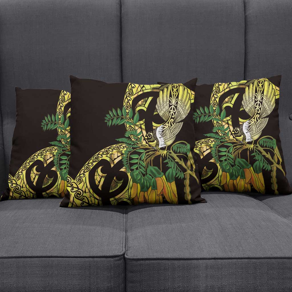 Yellow New Zealand Kowhai And Piwakawaka Pillow Cover Maori Ngaru Paua Shell - Polynesian Pride