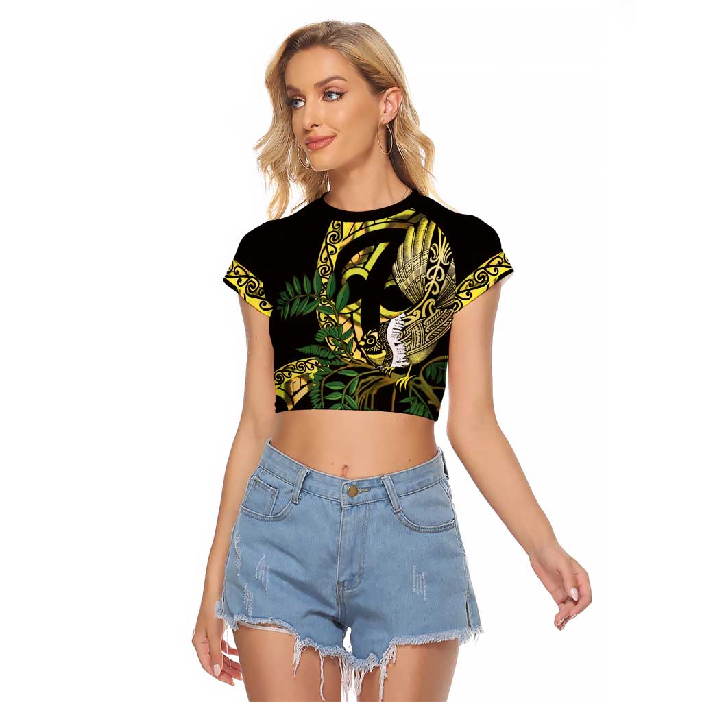 Yellow New Zealand Kowhai And Piwakawaka Raglan Cropped T Shirt Maori Ngaru Paua Shell