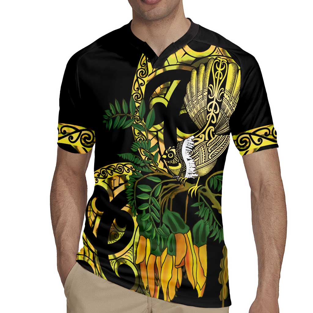 Yellow New Zealand Kowhai And Piwakawaka Rugby Jersey Maori Ngaru Paua Shell