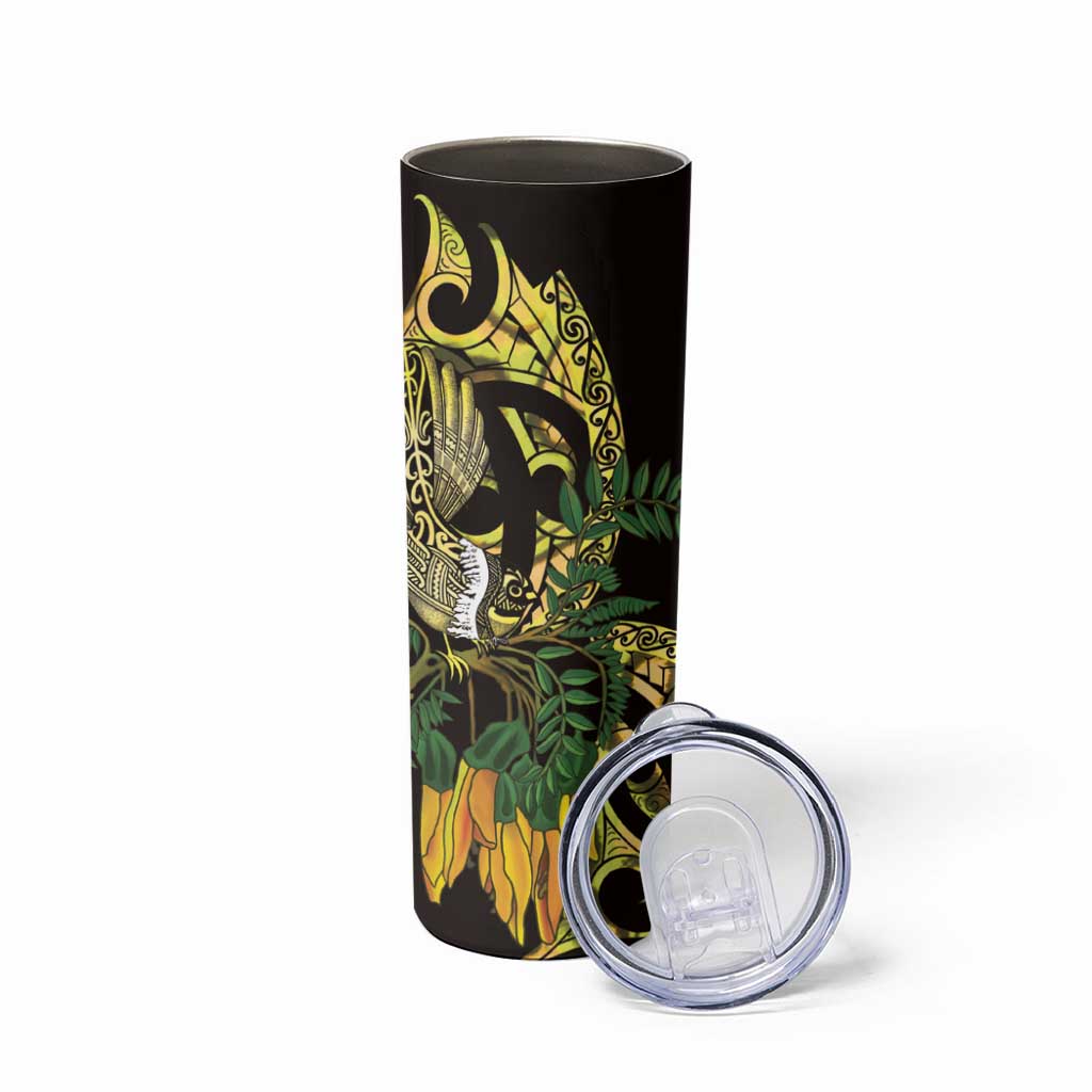 Yellow New Zealand Kowhai And Piwakawaka Skinny Tumbler Maori Ngaru Paua Shell