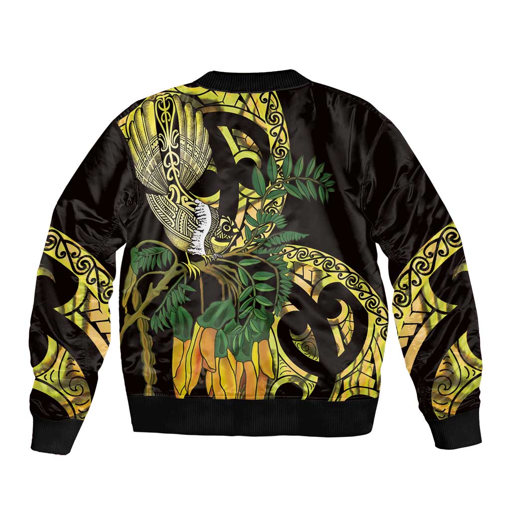 Yellow New Zealand Kowhai And Piwakawaka Sleeve Zip Bomber Jacket Maori Ngaru Paua Shell LT14 - Polynesian Pride