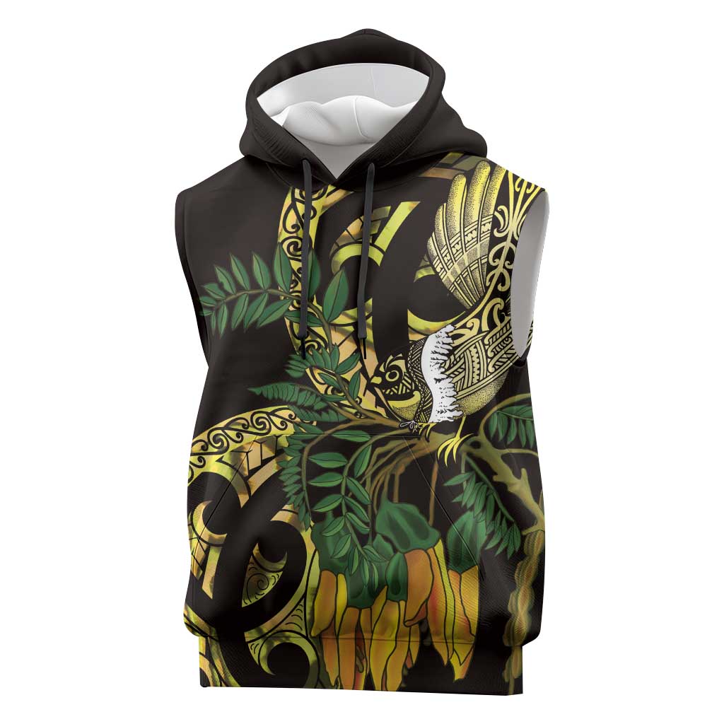 Yellow New Zealand Kowhai And Piwakawaka Sleeveless Hoodie Maori Ngaru Paua Shell - Polynesian Pride