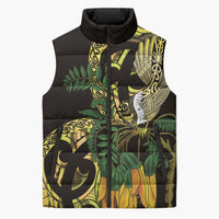 Yellow New Zealand Kowhai And Piwakawaka Sleeveless Puffer Jacket Maori Ngaru Paua Shell - Polynesian Pride