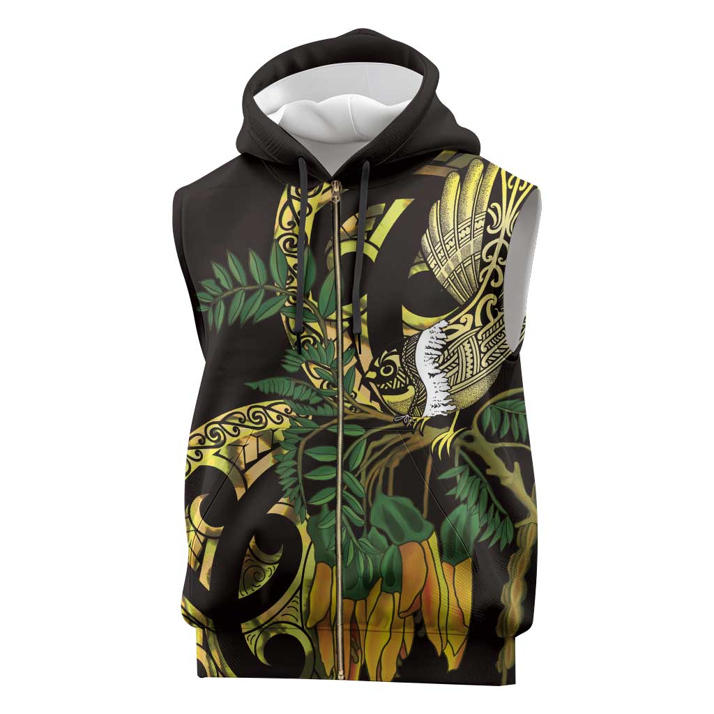 Yellow New Zealand Kowhai And Piwakawaka Sleeveless Zip Hoodie Maori Ngaru Paua Shell - Polynesian Pride