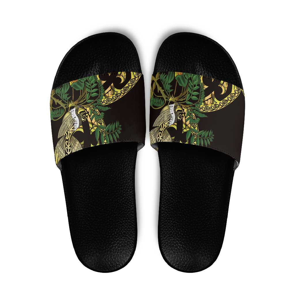 Yellow New Zealand Kowhai And Piwakawaka Slide Sandals Maori Ngaru Paua Shell - Polynesian Pride
