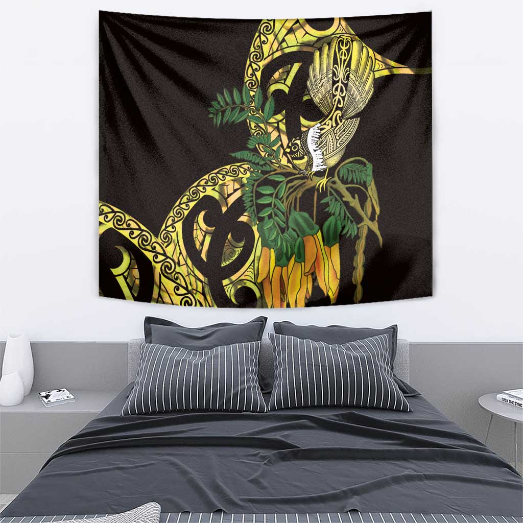 Yellow New Zealand Kowhai And Piwakawaka Tapestry Maori Ngaru Paua Shell